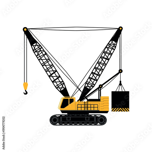 A yellow construction crane lifting a heavy black block with its hook outside.