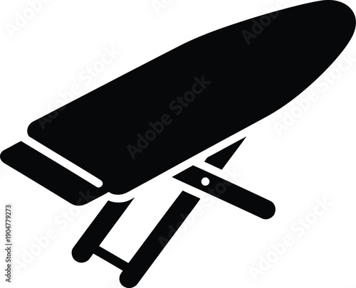 A minimalist black silhouette icon of an ironing board viewed from a side angle
