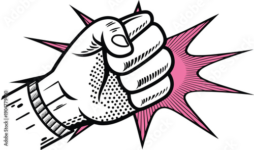 Trendy Halftone Collage Raised Fist up. Demonstration of protest. Fight for your rights. Power sign. Success and strength. Feminism concept. Magazine style. Contemporary vector art illustration