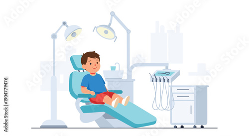 A cute young boy patiently sitting in a modern, light blue dentist's chair in a sterile, professional dental clinic