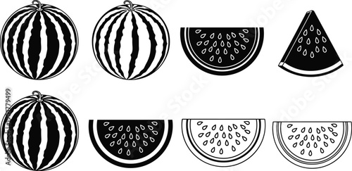 Black and White Vector Illustration Set of Whole Watermelons and Sliced Pieces for Fruit Market Healthy Eating Summer Food and Juice Designs