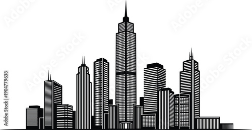 Black Silhouette Vector Illustration of a City Skyline Featuring Modern Skyscrapers and High Rise Buildings for Urban Architecture and Real Estate Design Projects,