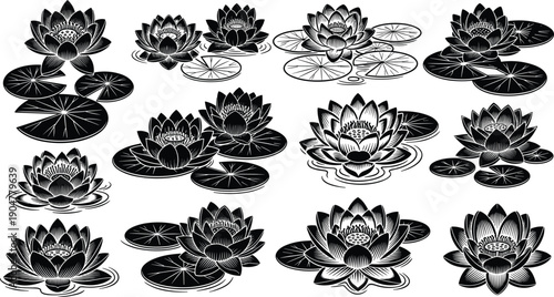 Black and White Vector Illustration Set of Twelve Lotus Flowers with Lily Pads for Spa Wellness Buddhism Meditation and Oriental Nature Designs