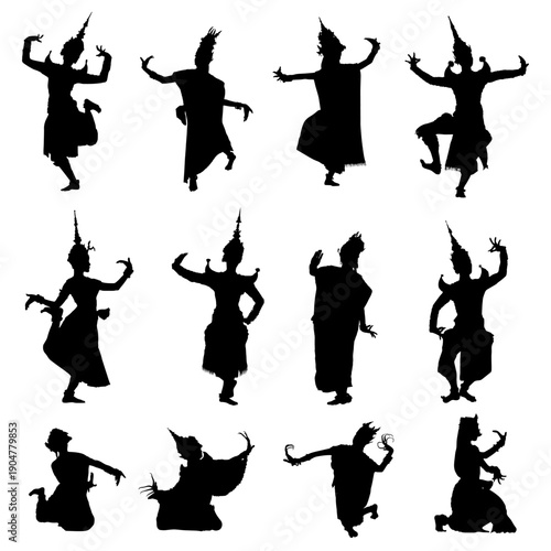Set silhouette of traditional thai dance in different positions, isolated on white background, EPS10. Vector illustration