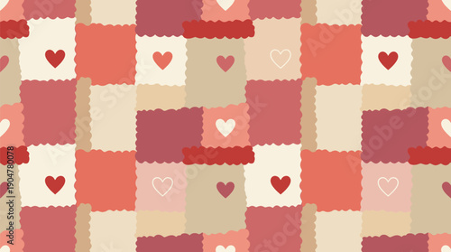 Valentine seamless pattern with hearts in hand drawn patchwork style