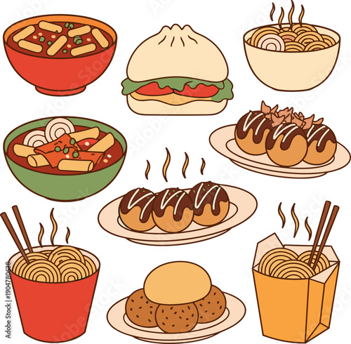 Hand drawn Asian street food sketch set with Tteokbokki Takoyaki steamed buns and takeout noodles,