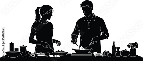 Black Silhouette Vector Illustration of a Man and Woman Cooking Together in a Kitchen for Culinary Arts Family Lifestyle and Healthy Eating Designs