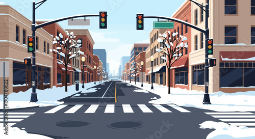 Illustration of a snowy town street with buildings, traffic lights, and a crosswalk in a winter wonderland scene in America.