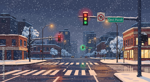 Snowy town street at night with snowfall and illuminated buildings in a winter wonderland scene in America.