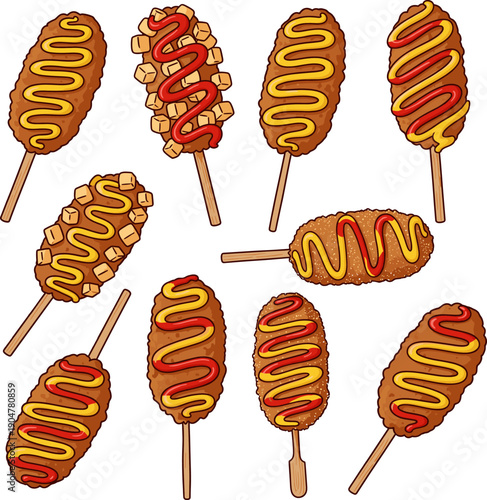 Korean corn dog illustration set featuring potato cubed gamja dogs panko crust and sugar dusted street food,
