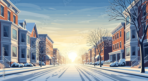 Snowy suburban street with bare trees and houses on both sides, covered in snow, during winter morning with a warm sunrise in the background.