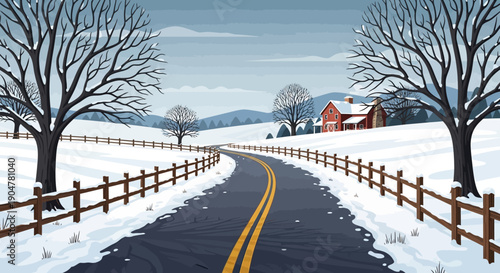 A serene winter landscape with a snow-covered road, lined with a wooden fence and bare trees, leading to a red house in a snowy village under a cloudy sky.