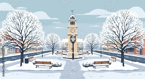 Snow-covered town square with a clock tower, benches, and trees in a winter wonderland scene with a light blue sky and white clouds.