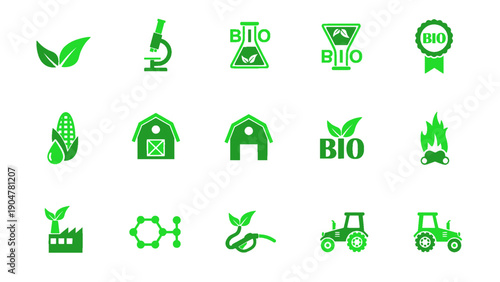 An icon set illustrating agriculture, bio products, farming, and eco production themes.