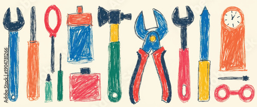 A colorful illustration of various hand tools.