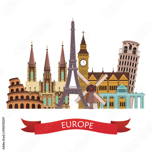 Famous European landmarks illustration featuring Eiffel Tower, Colosseum, and Big Ben in a vibrant graphic style