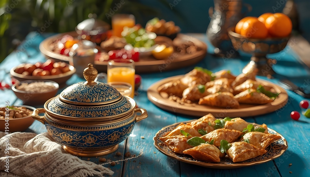 Fototapeta premium A beautifully set table with a variety of traditional foods and decorative dishes in a warm and inviting atmosphere.