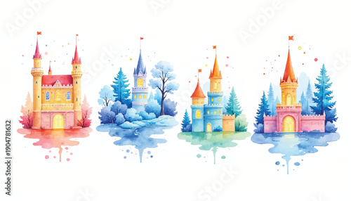 a set of colorful castles and trees.