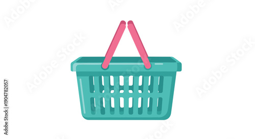 A clean, empty teal-colored shopping basket with bright pink handles, perfectly positioned and awaiting fresh groceries