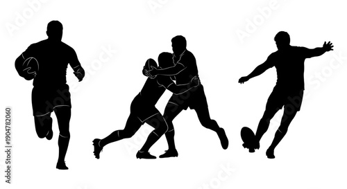 Rugby players in dynamic action poses with ball on field