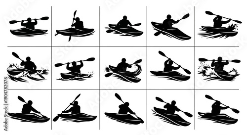 Kayaker silhouettes in various paddling positions and water movements