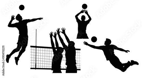 Dynamic volleyball players in action silhouettes