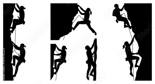 Silhouettes of rock climbers in various poses on climbing walls