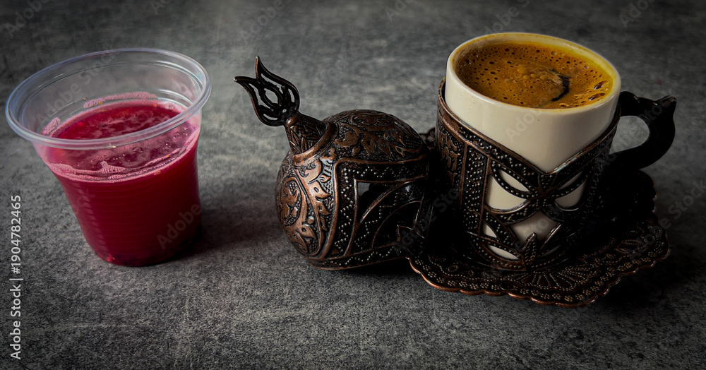 traditional Turkish coffee and foam in traditional cup