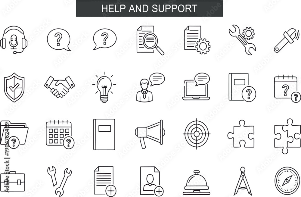 Fototapeta premium Print Comprehensive Help and Support Line Icon Set Featuring Customer Service Agents Troubleshooting Tools Documentation and Strategic Assistance Symbols