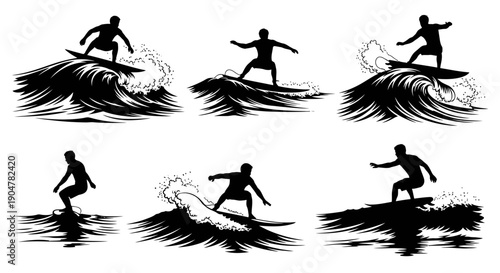 Dynamic surfer silhouettes riding waves in various poses