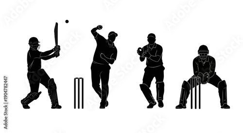 Cricket players in action with bat and ball