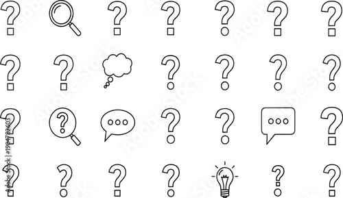 Print Minimalist Questioning and Brainstorming Line Icon Set Featuring Multiple Question Mark Variations Thought Bubbles and Creative Idea Lightbulbs