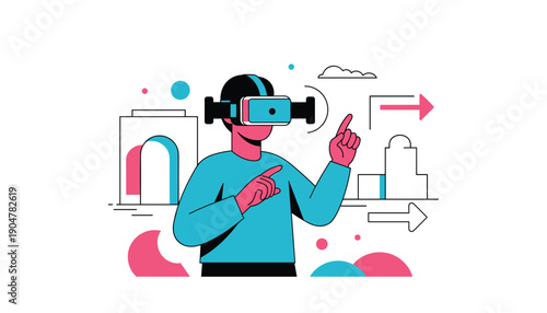User experiencing metaverse with VR headset and icons
