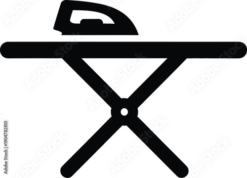 A minimalist black pictogram showing a standard ironing board with an iron resting on top, isolated on a white background.