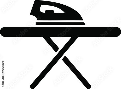 A simple black icon showing an iron on an ironing board, representing laundry and household chores.