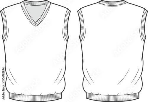 V neck sweater vest technical fashion illustration, front and back views line art flat vector knitwear apparel design template menswear
