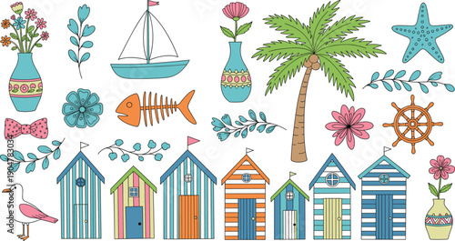 Colorful Coastal Beach Illustration Set with Beach Huts, Nautical Symbols, Flowers, and Tropical Elements for Summer Decor and Seaside Designs