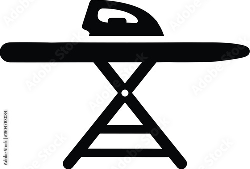 Black and white vector illustration of an iron and ironing board, symbolizing laundry and household chores
