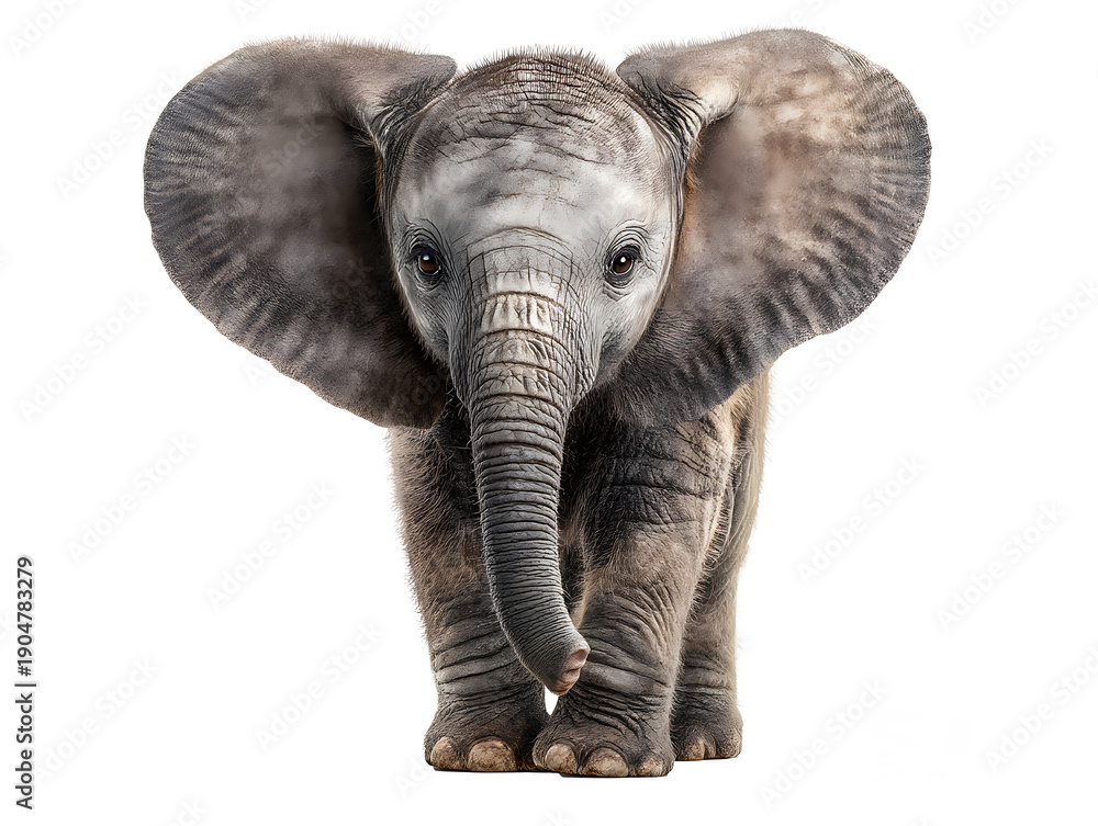 Fototapeta premium Playful baby elephant standing isolated on white background soft lighting realistic skin texture wide angle composition animal stock photo, Realistic Photo