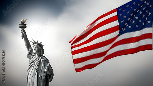 The statue of liberty with american flag