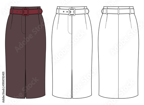 High-Waisted Belted Pencil Midi Skirt Technical Fashion Illustration. Structured Tailored Silhouette with Front Slit. Modern Minimal Workwear CAD Vector Template