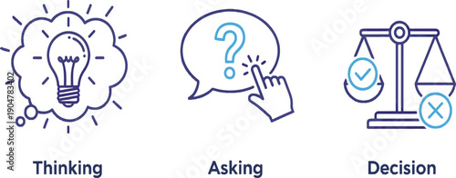 Print Creative Cognitive Process Icon Set Featuring Thinking Idea Generation Inquiry and Ethical Decision Making with Scales of Justice