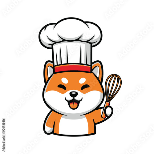 A cheerful cartoon Shiba Inu dog wearing a chef's hat and holding a whisk in its hand against a clean white background.