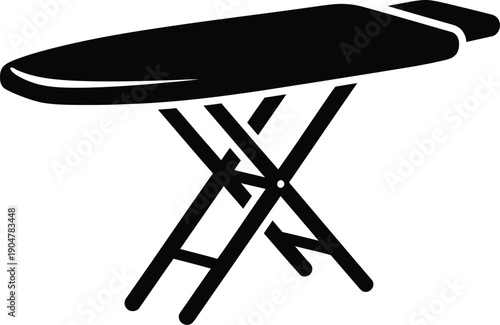 A simple black and white icon illustration depicting a household ironing board with a collapsible x-shaped leg structure.