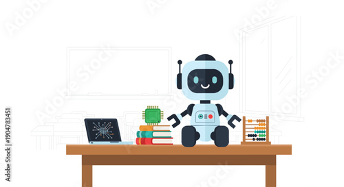A friendly, futuristic robot sitting on a desk with a laptop, books, computer chip, and abacus, representing AI