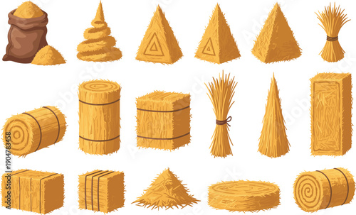 Various agricultural hay bale shapes including round, square, and stacked straw bundles for rural farming and autumn harvest season designs.