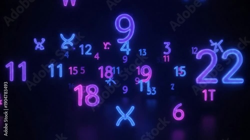 Close‑up view of glowing neon numbers and symbols scattered across a deep dark background, captured as a vibrant digital illustration that emphasizes contrast, color depth, and abstract composition