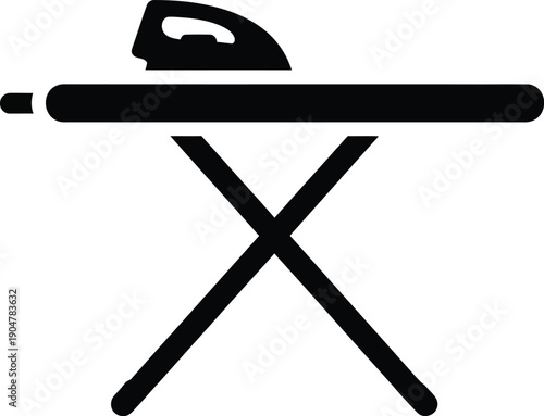A simple black icon illustrating an iron resting on top of a folding ironing board.