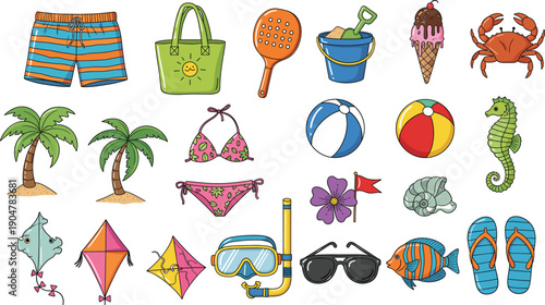 Summer Beach Vacation Icon Set with Swimwear, Tropical Nature, Sea Animals, Toys, and Accessories for Travel Illustrations and Holiday Designs