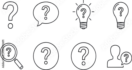 Print Minimalist Inquiry and FAQ Line Icon Set Featuring Question Marks Thinking Bubbles Magnifying Glass and Customer Support Symbols